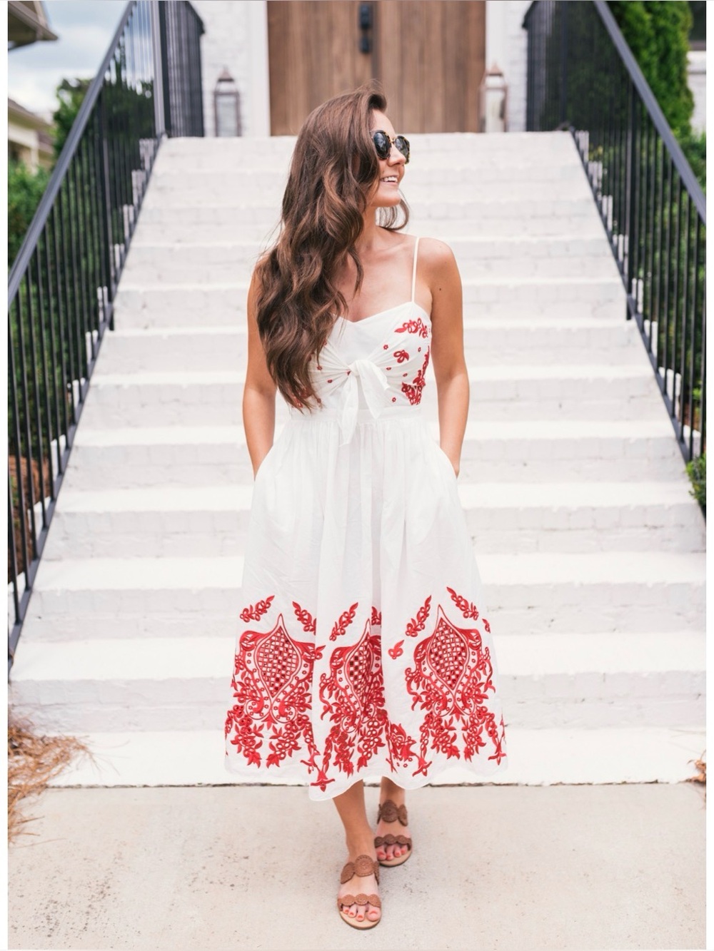 Red Carter White & Red Embroidered Midi Dress | Size Small